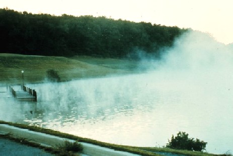 Wispy lake or steam fog